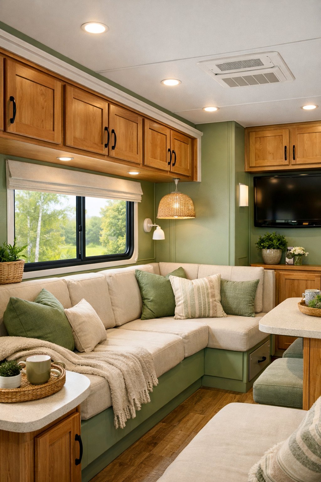 Interior of an RV with sage green walls, white trim, seating, cabinetry, and natural light coming through windows.