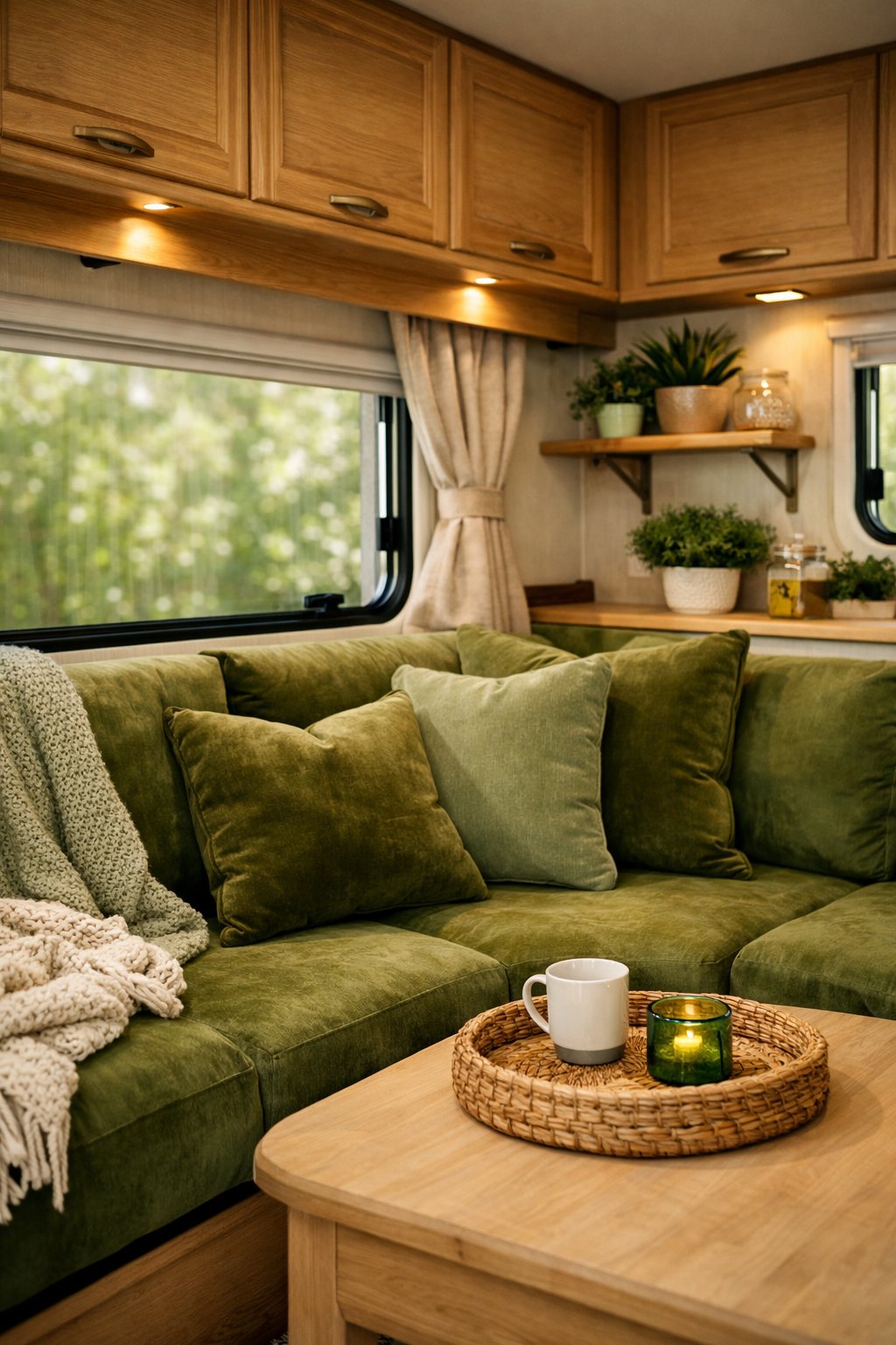 Cozy RV interior with olive green velvet cushions on a seating area, natural wood accents, and small potted plants.