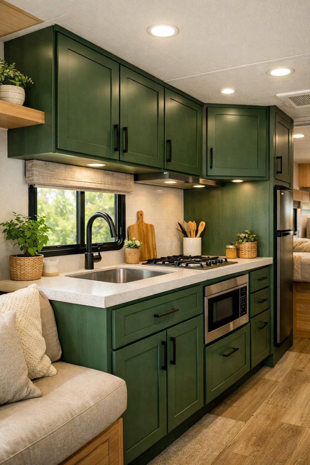 Interior of an RV kitchen with forest green cabinets, natural light, and light wood accents.
