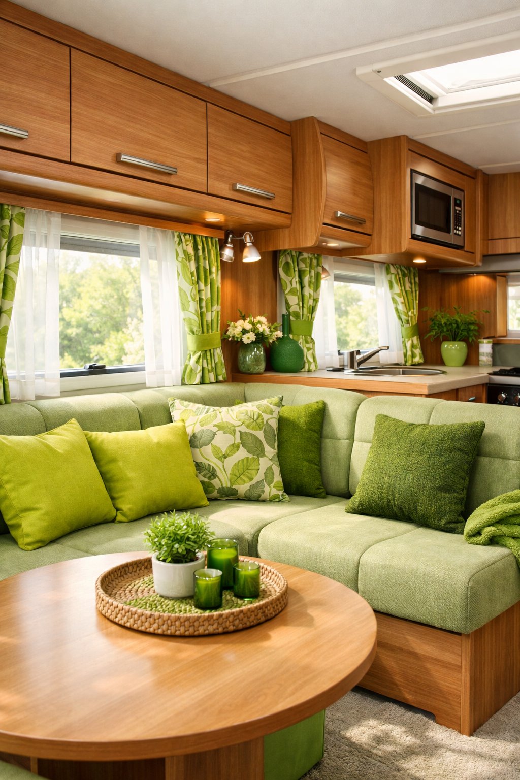 Interior of an RV with seating area decorated with chartreuse pillows and green accents, illuminated by natural light.