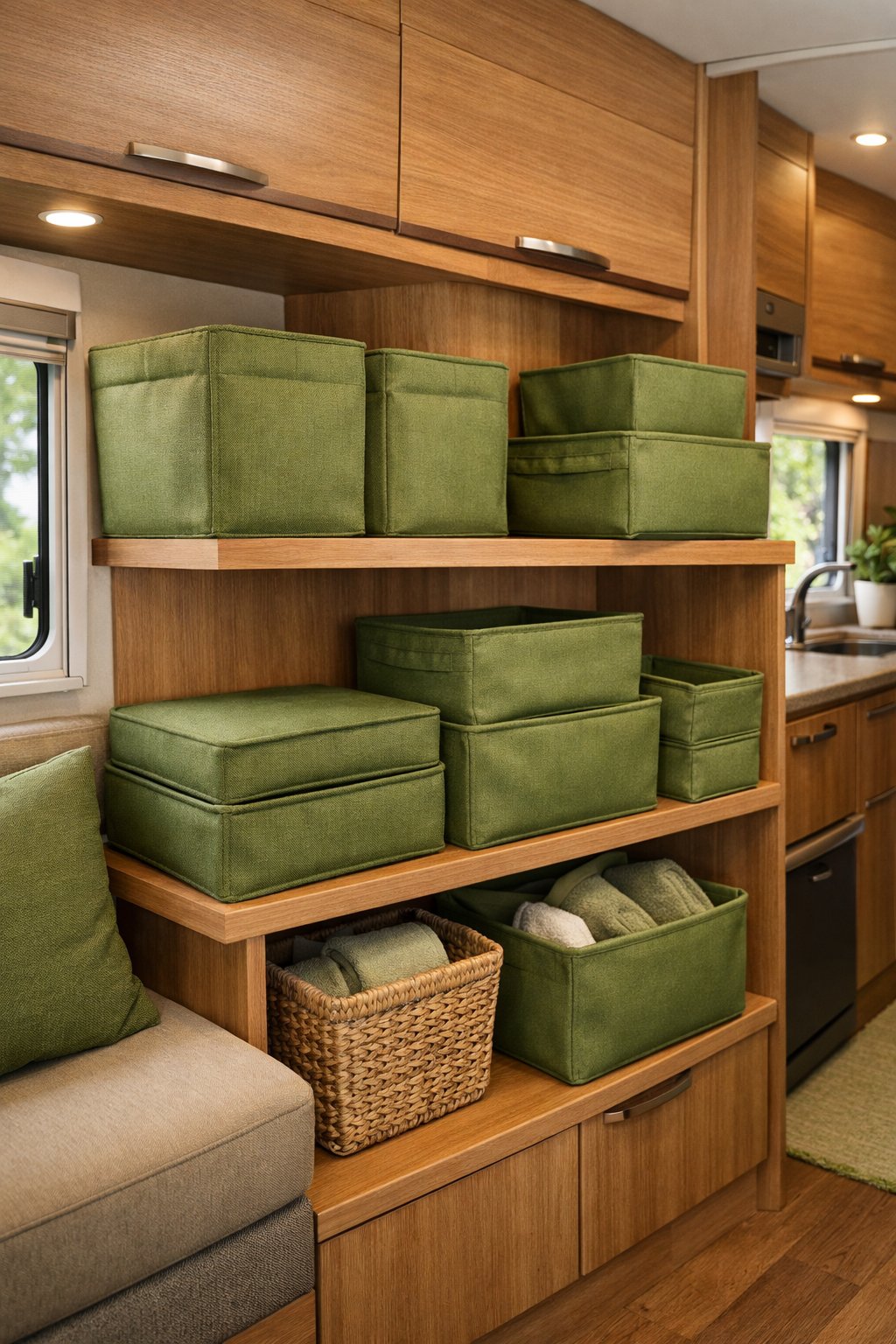 Neatly arranged moss green storage bins inside a well-lit RV interior with wooden shelves.