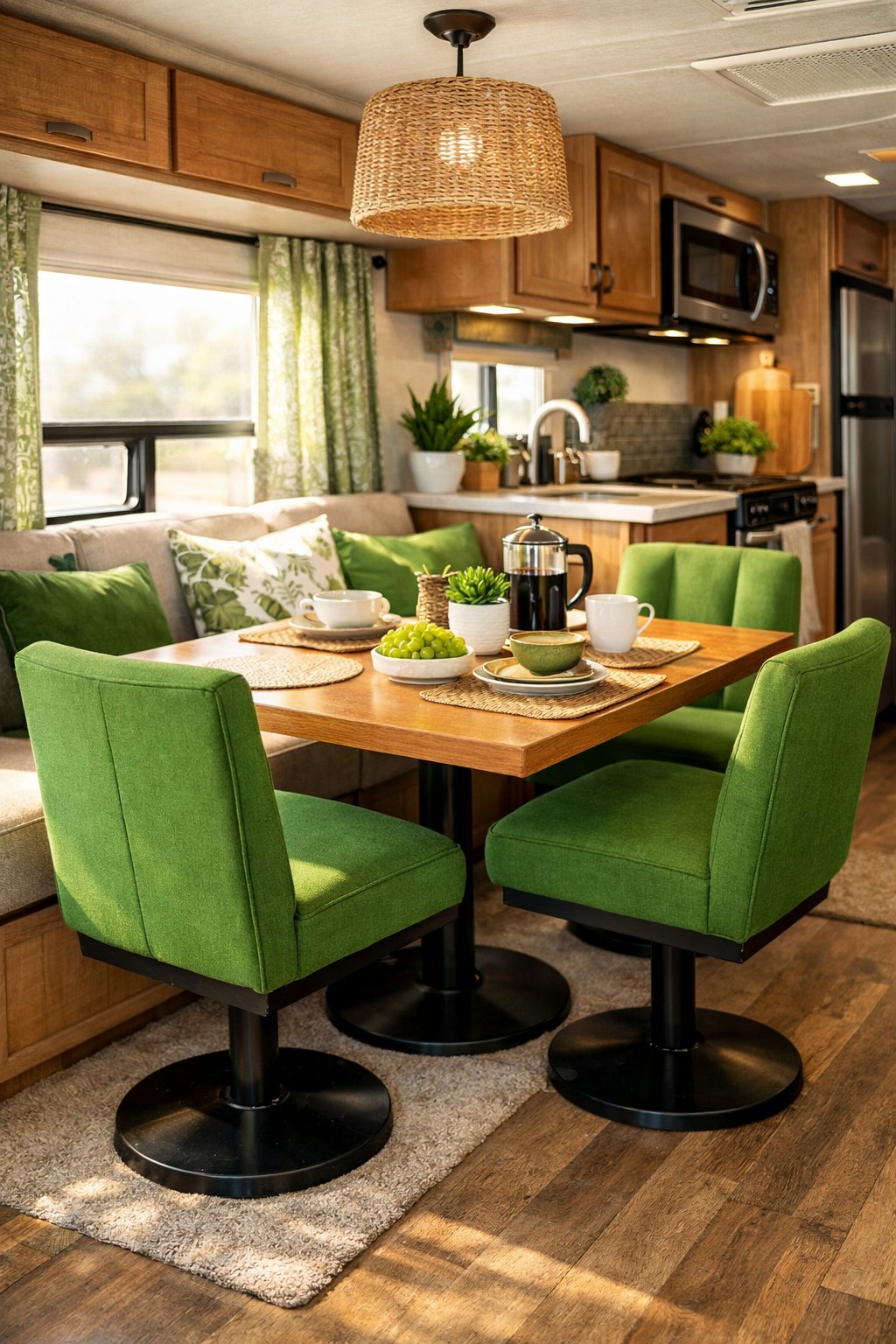 Interior of an RV dining area with green dining chairs around a wooden table, sunlight coming through the windows.