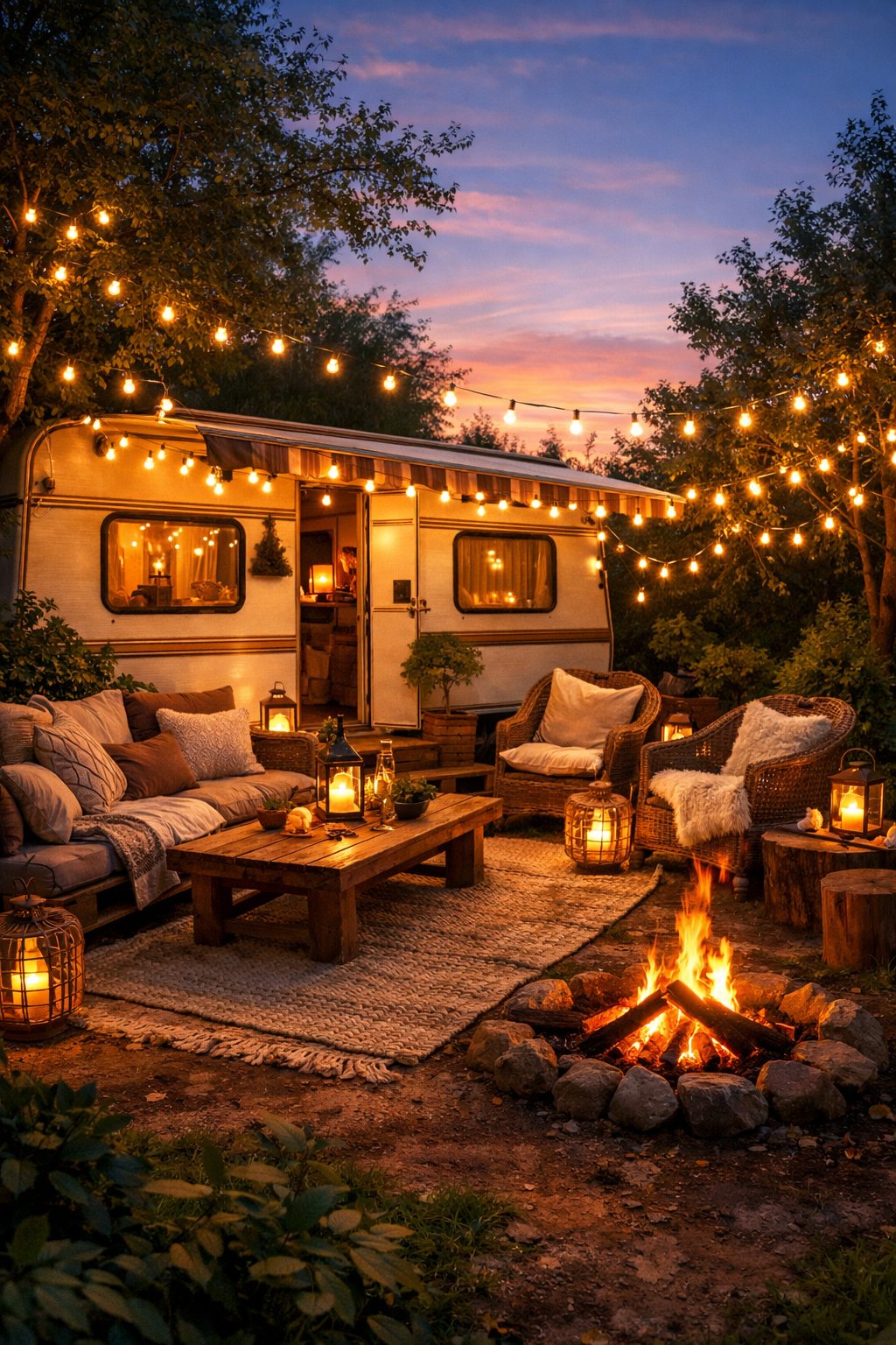 A glamping RV exterior at dusk with warm fairy lights and a cozy outdoor seating area surrounded by trees.
