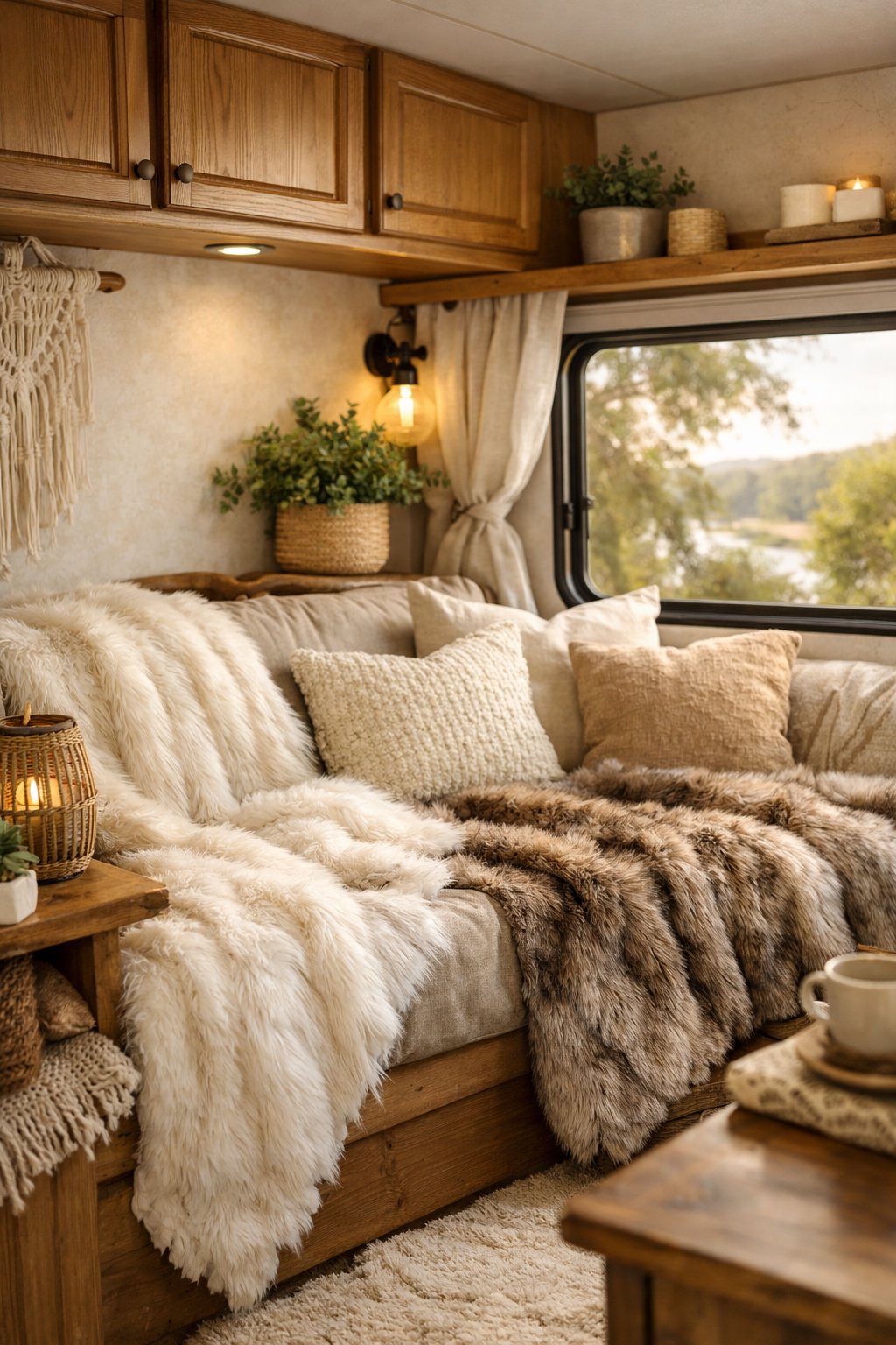 Cozy RV interior with plush faux fur throws on seating and natural light coming through the window.