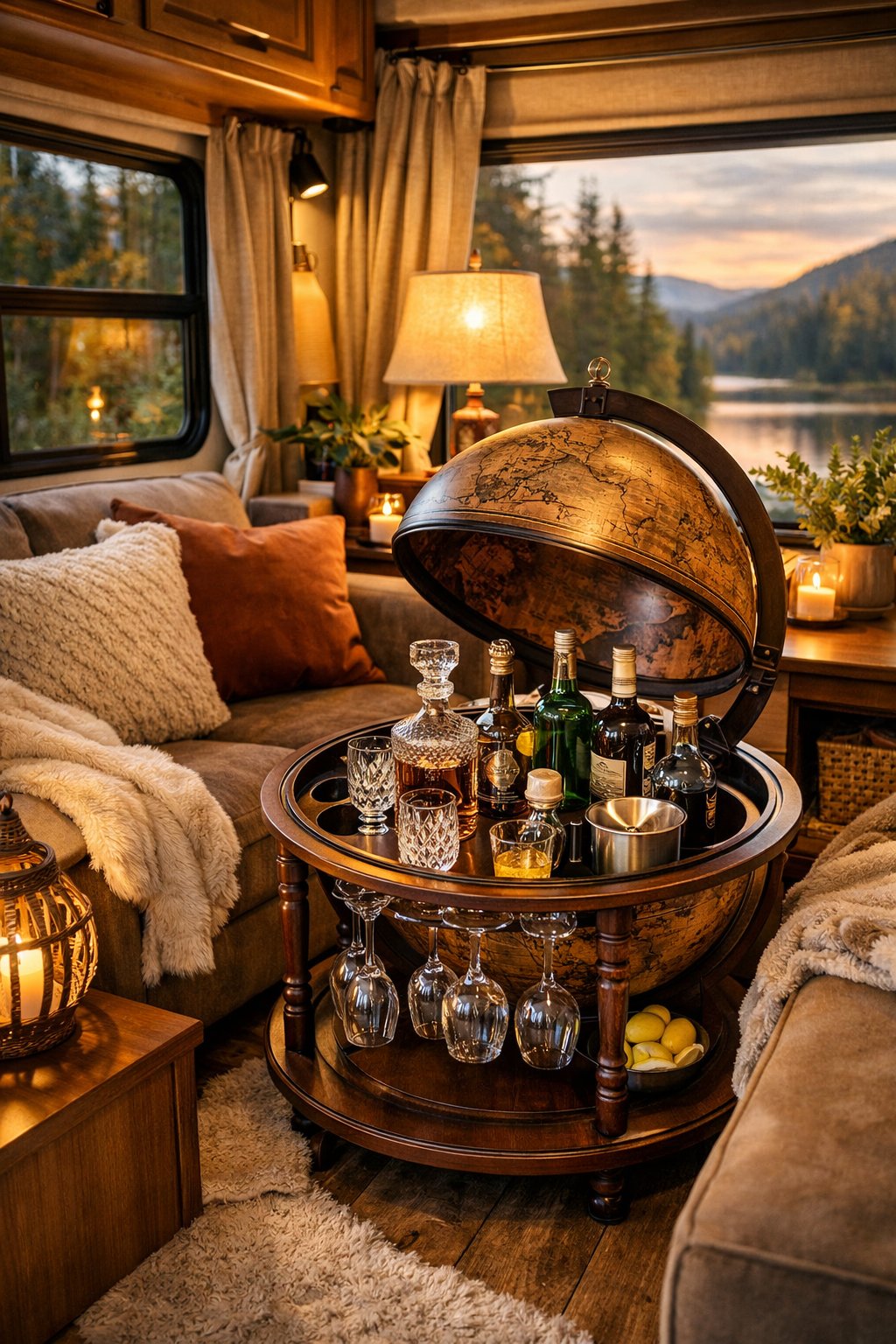 Interior of a glamping RV featuring a vintage globe bar cart surrounded by cozy seating and decorative elements with nature visible through the windows.