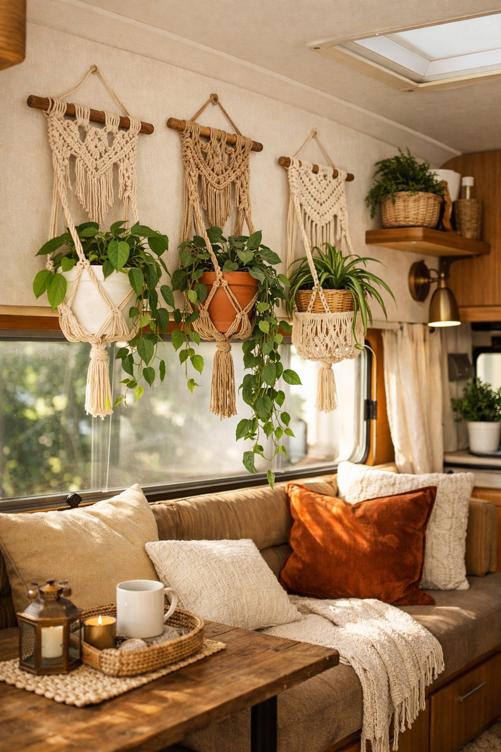 Interior of a glamping RV with hanging macramé wall planters holding green plants, surrounded by cozy and stylish decor.