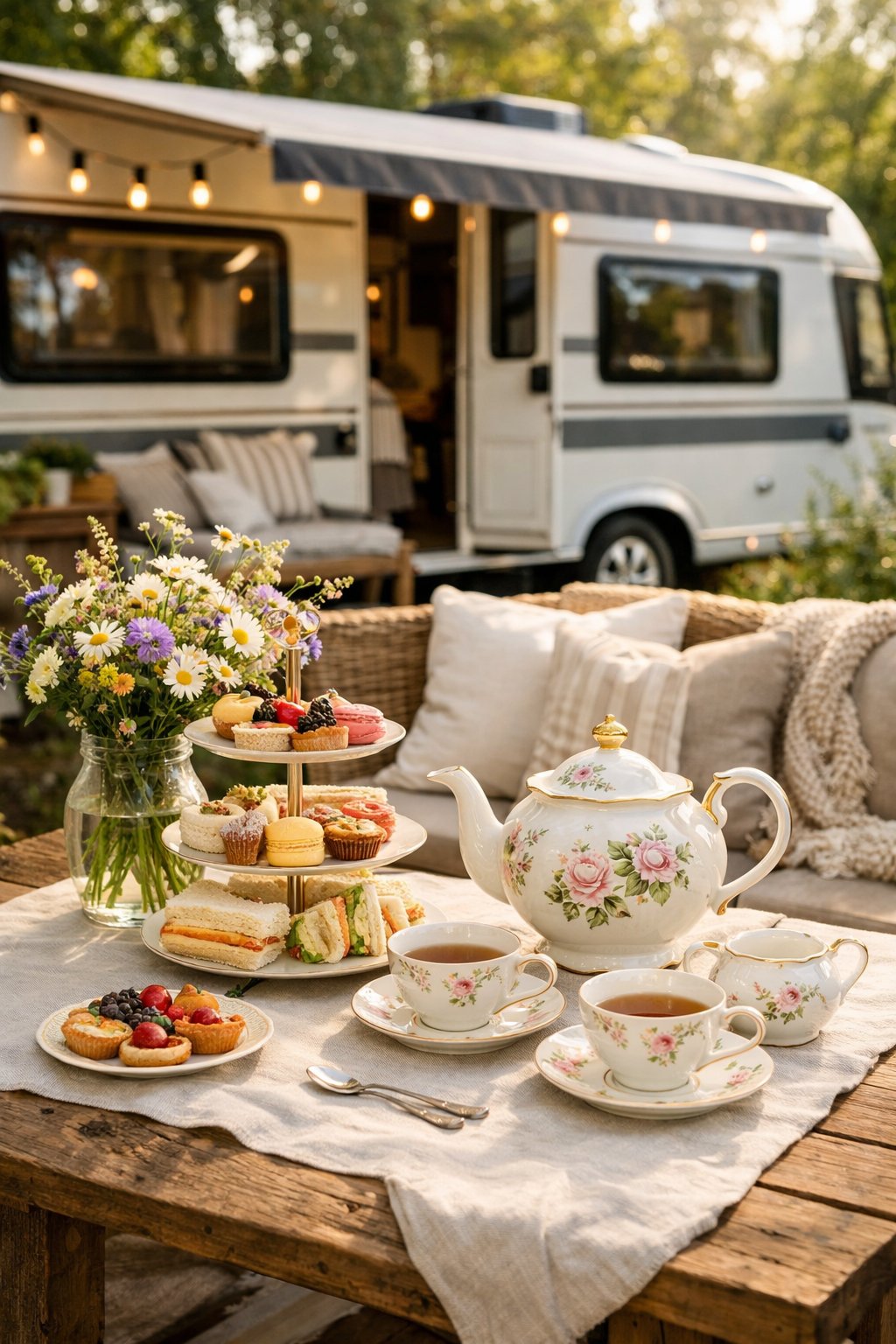 An outdoor tea set with cups, teapot, pastries, and flowers arranged on a wooden table near a glamping RV surrounded by greenery.