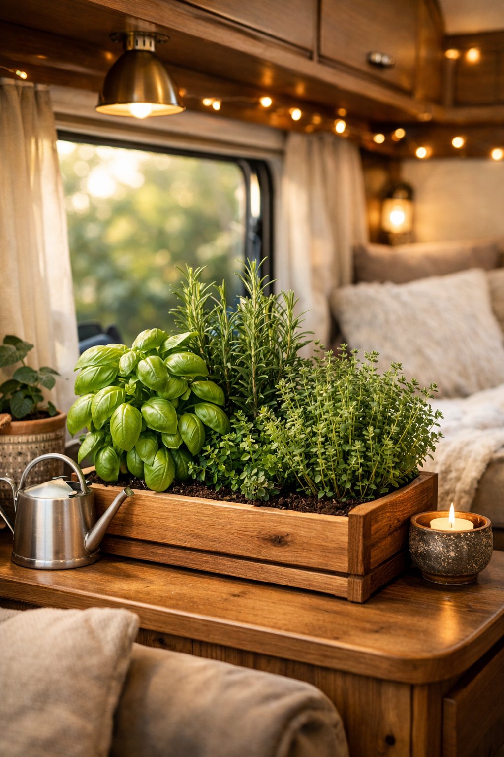 A compact indoor herb garden with fresh green herbs inside a cozy and stylish glamping RV interior.