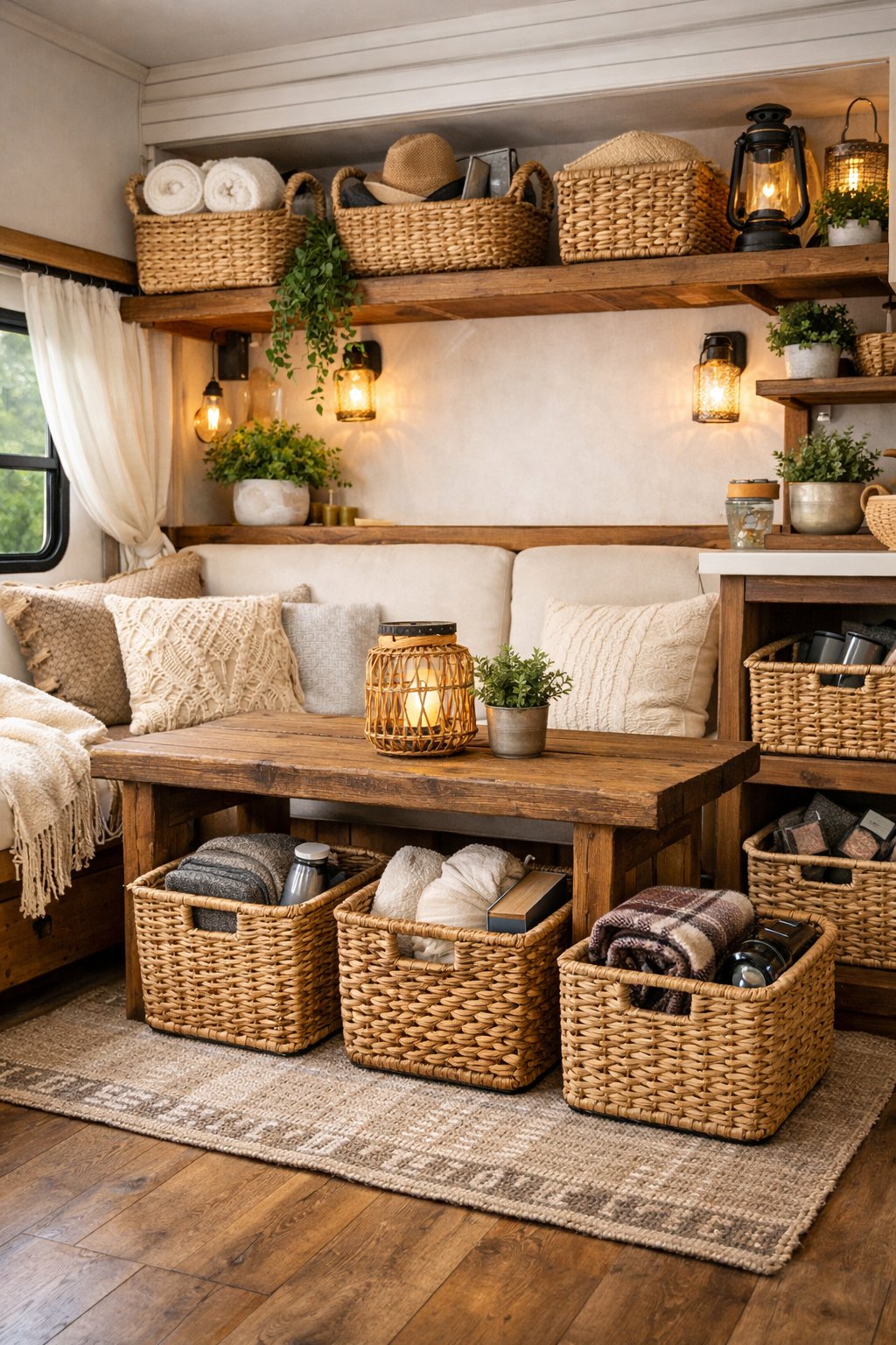 Cozy RV interior with woven baskets used for storage on shelves and under a table, surrounded by blankets, pillows, and plants.