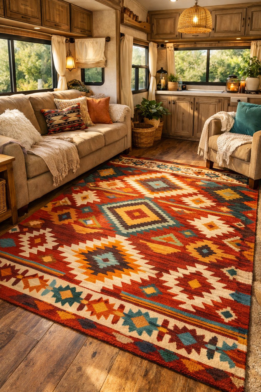 Interior of a glamping RV with a colorful southwestern rug on the floor and a cozy seating area with cushions and natural light.