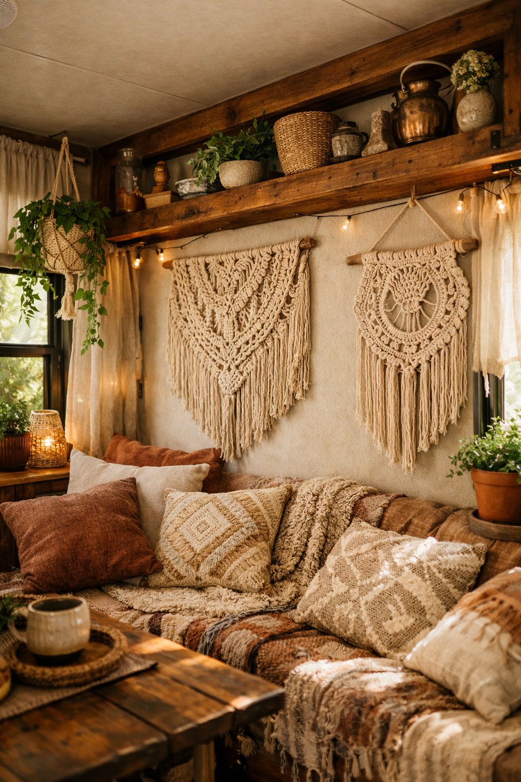 Interior of an RV decorated with macramé wall hangings, plants, and cozy textiles creating a warm and inviting atmosphere.
