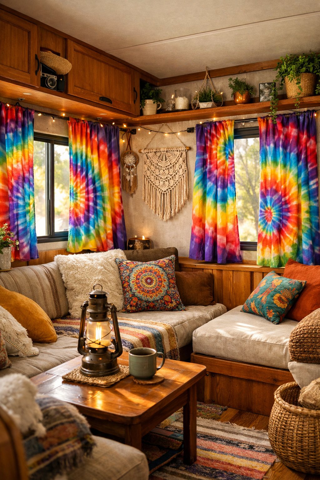 Interior of an RV with colorful tie-dye curtains hanging by the windows and cozy seating areas with plants and decorations.