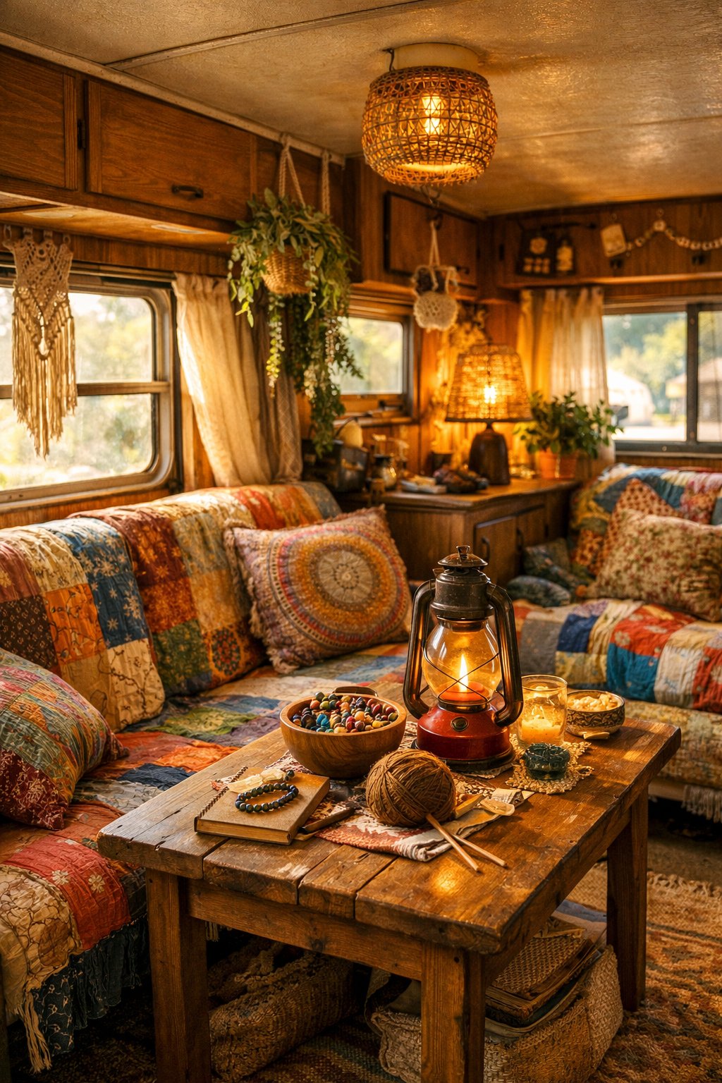 Interior of a vintage RV decorated with colorful patchwork quilts, plants, and cozy furnishings creating a relaxed atmosphere.