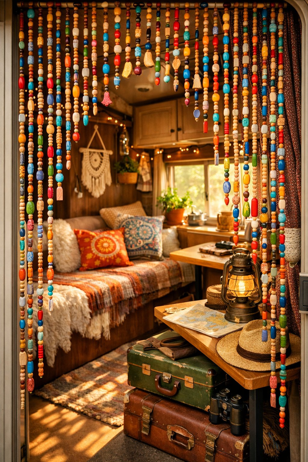 Interior of an RV with colorful beaded string curtains hanging in the doorway and cozy decorations inside.