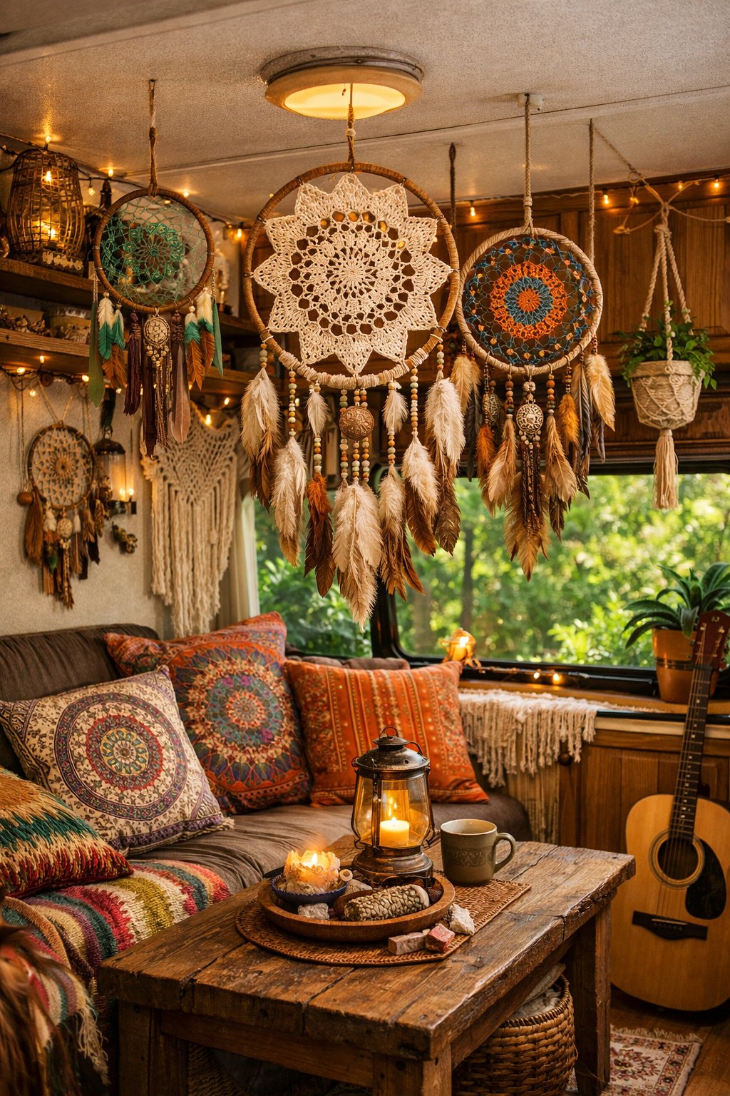 Interior of an RV decorated with multiple woven dreamcatchers, colorful cushions, plants, and warm natural lighting creating a relaxed atmosphere.