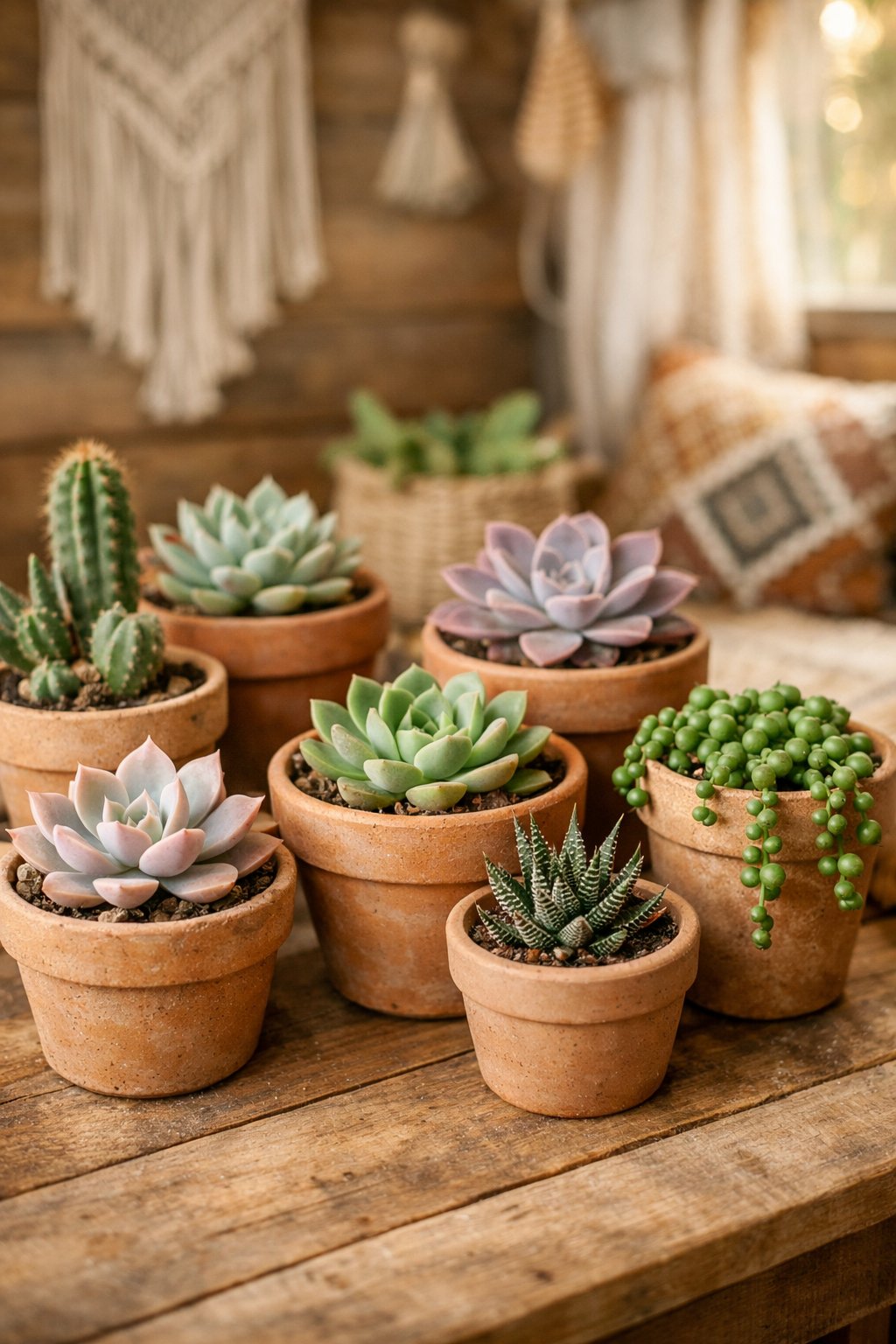 A group of potted succulents in clay pots arranged on a wooden surface with soft natural lighting.