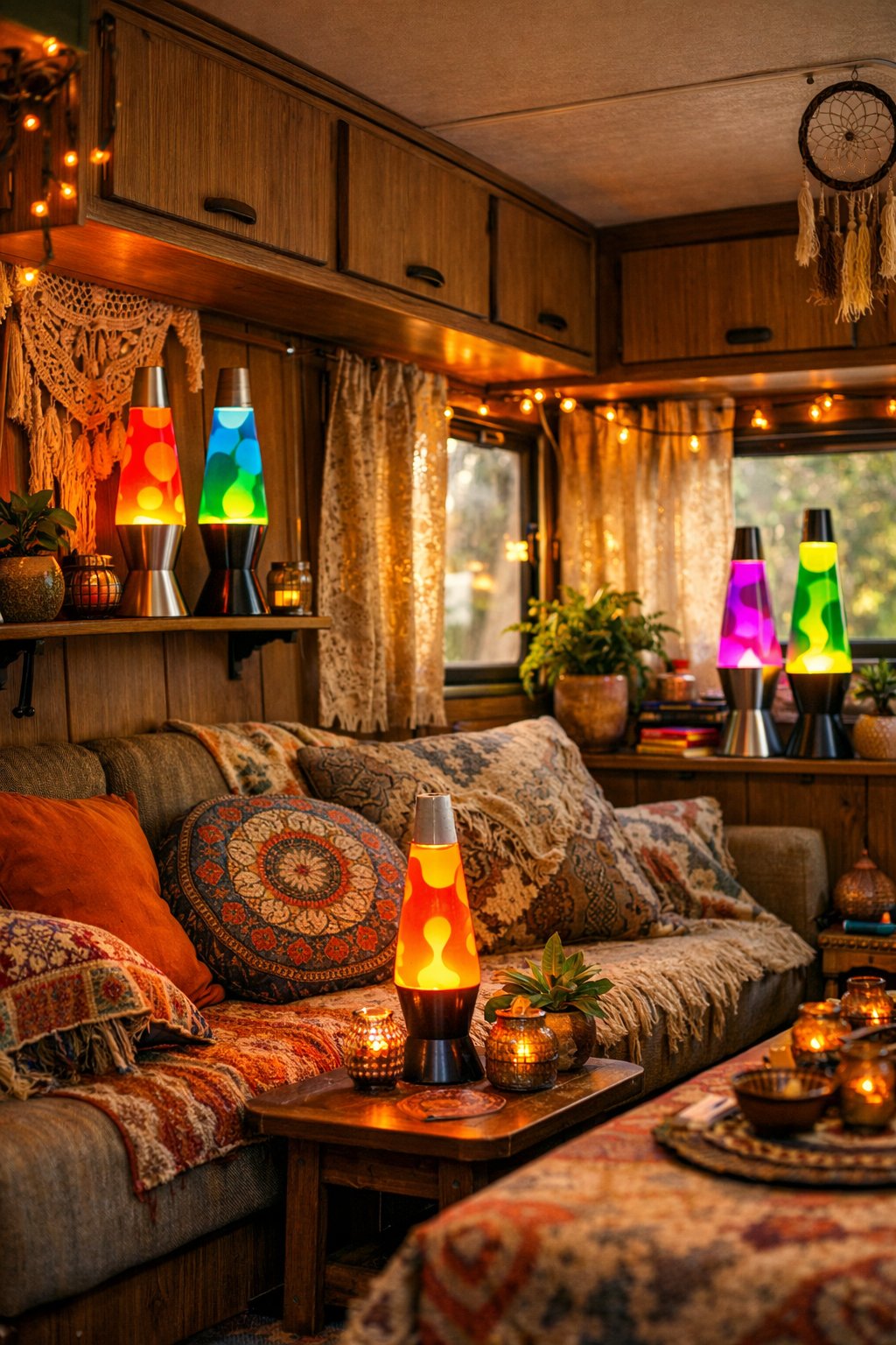 Interior of an RV decorated with colorful lava lamps, patterned cushions, plants, and wooden accents creating a cozy and relaxed atmosphere.