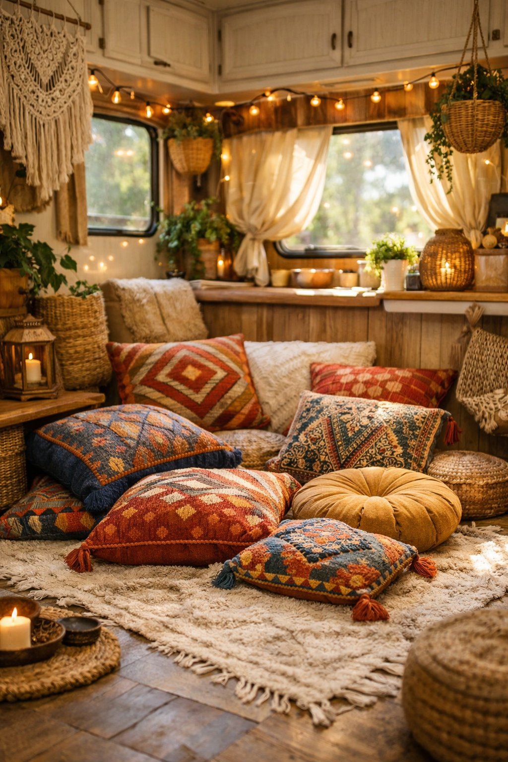 Interior of an RV with colorful floor cushions, plants, and warm natural light creating a cozy and relaxed atmosphere.