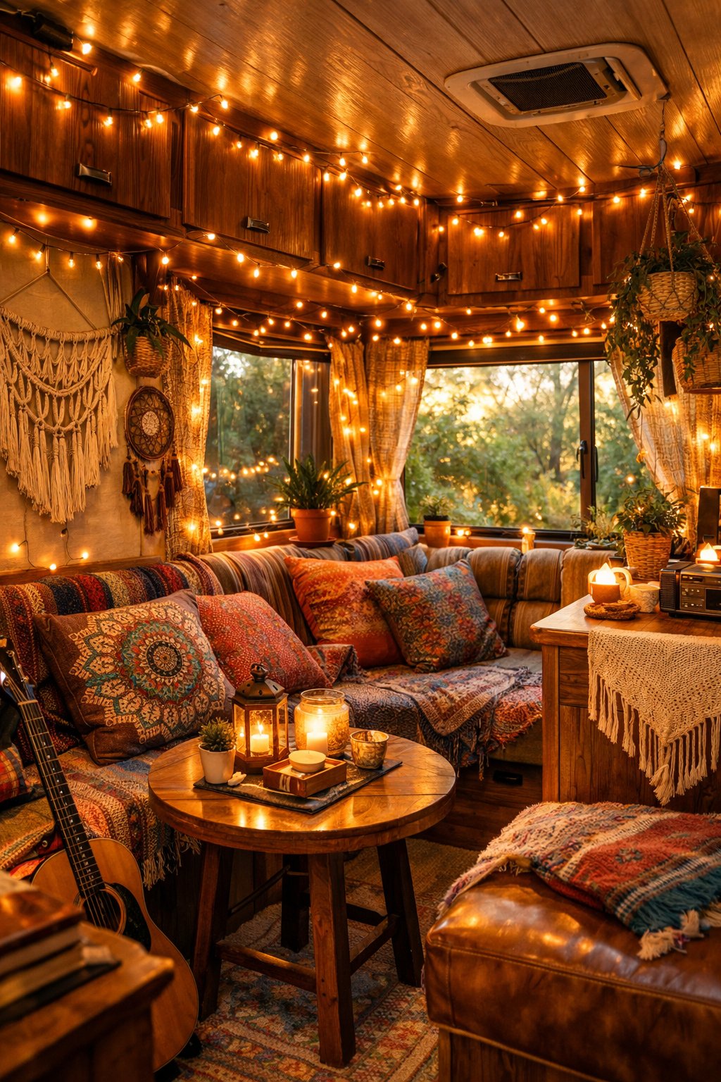 Interior of an RV decorated with warm LED fairy lights, colorful cushions, plants, and wooden accents creating a cozy and relaxed atmosphere.