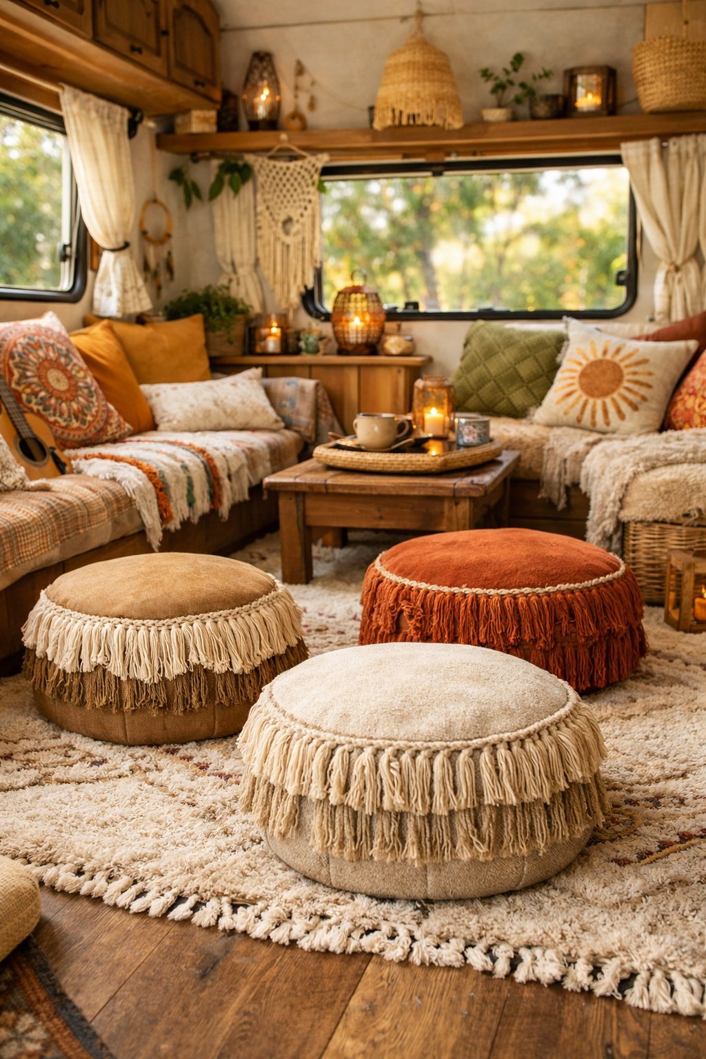Cozy RV interior with fringed Moroccan poufs arranged on a rug, surrounded by plants and colorful cushions.