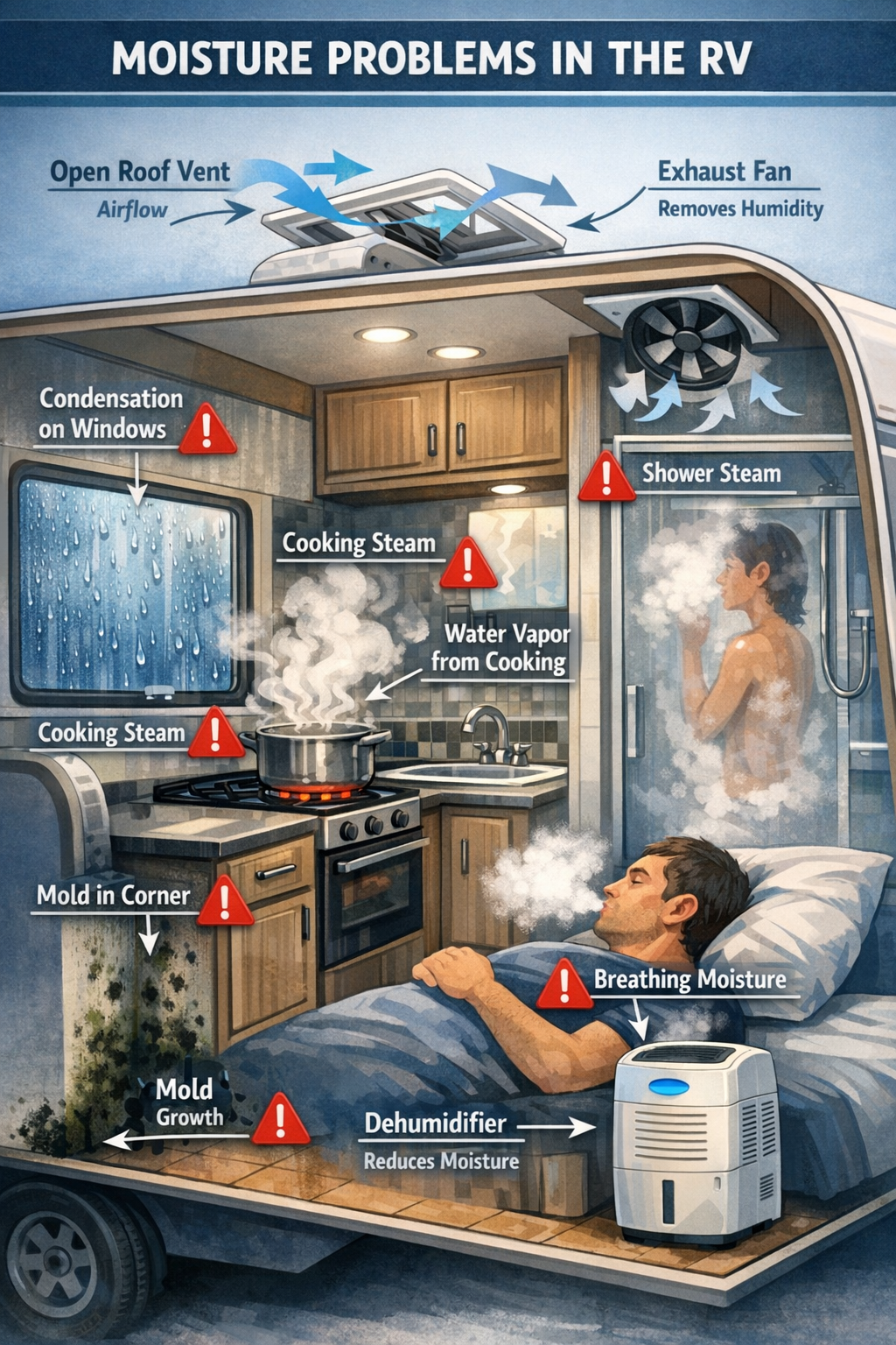 Portrait format (1024x1536) detailed illustration showing RV interior cross-section with moisture problem areas highlighted. Visual elements