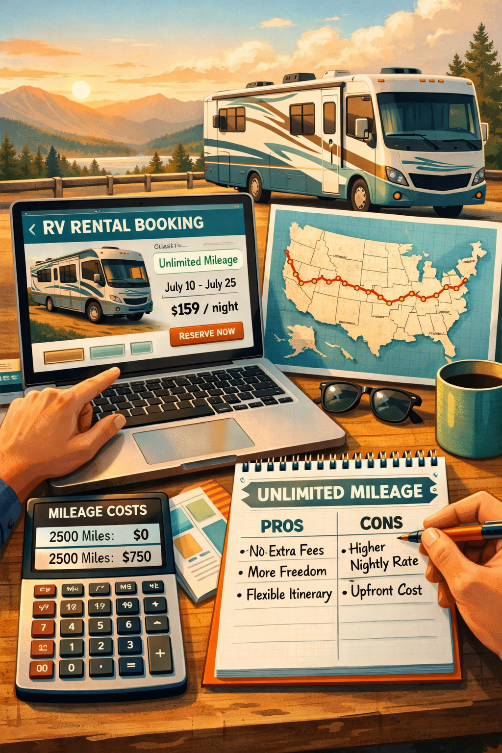 Portrait format (1024x1536) detailed illustration showing RV traveler planning long-distance road trip with laptop displaying rental booking