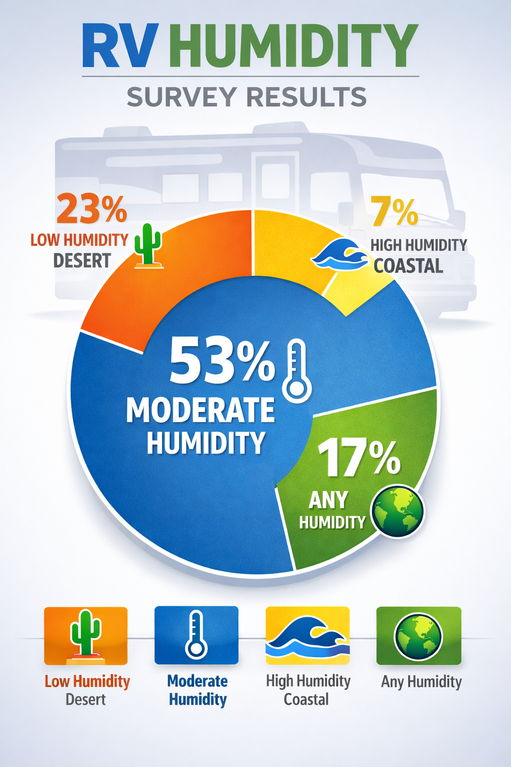 Portrait format (1024x1536) editorial image showing detailed infographic of RV humidity survey results with large pie chart displaying 53% m