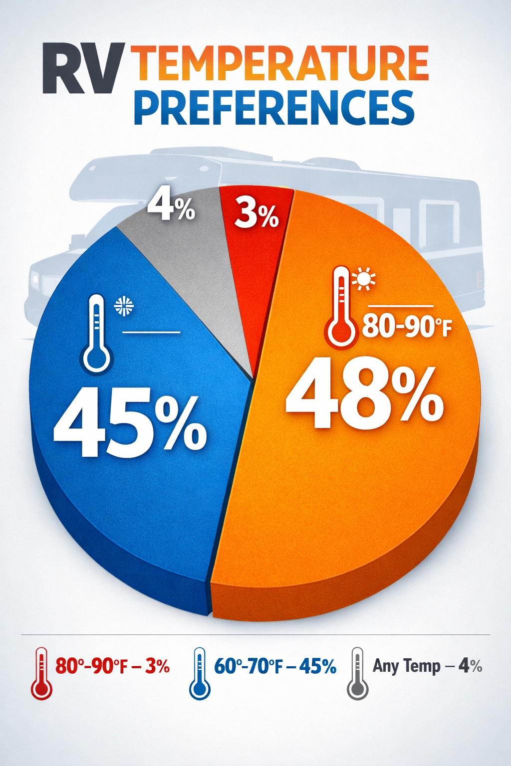 Portrait format (1024x1536) editorial image showing detailed infographic of survey results with large pie chart displaying RV temperature pr