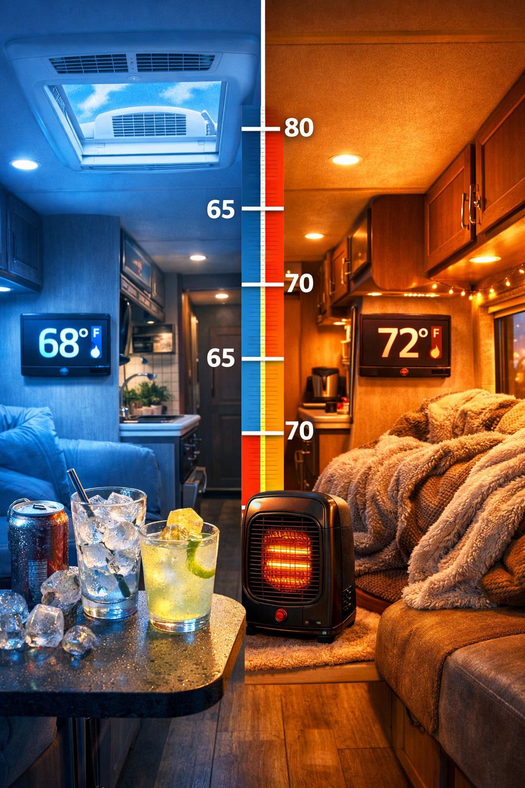 Portrait format (1024x1536) split-screen comparison image showing RV interior climate control in different seasons. Left side: summer scene 