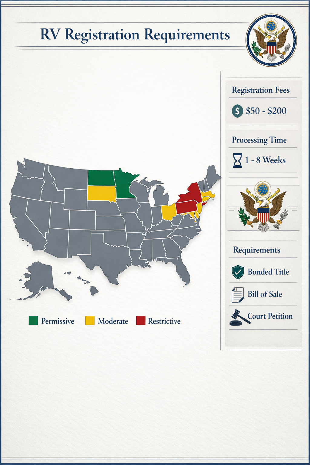 Portrait/Pinterest format (1024x1536) comparison chart showing state-by-state RV registration requirements without title. Visual displays ma