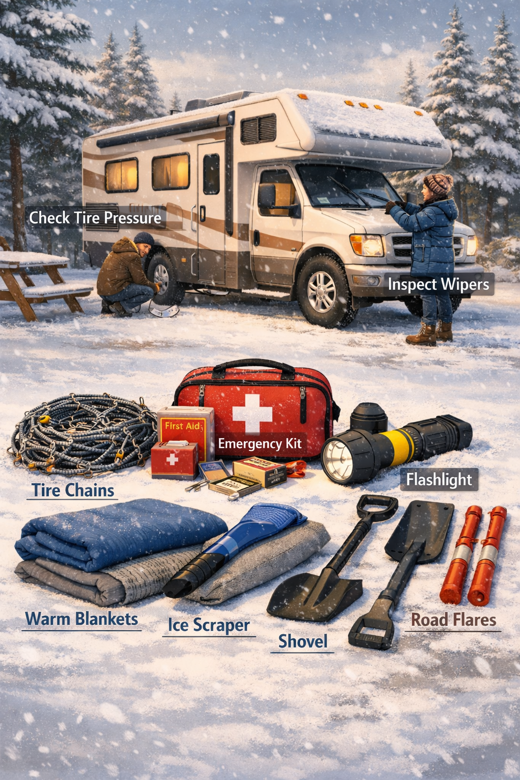Portrait/Pinterest format (1024x1536) detailed illustration showing winter RV safety preparation scene with Class C motorhome parked at camp