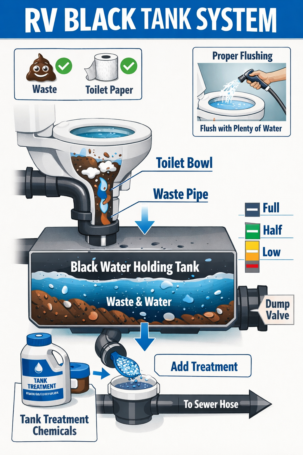 Portrait/Pinterest format (1024x1536) detailed infographic showing RV black tank system cross-section with labeled components including toil