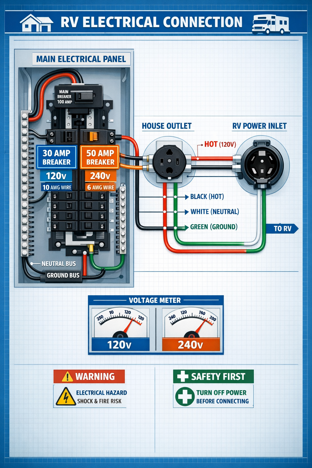 Portrait/Pinterest format (1024x1536) detailed technical diagram showing residential electrical panel with 30-amp and 50-amp breakers highli