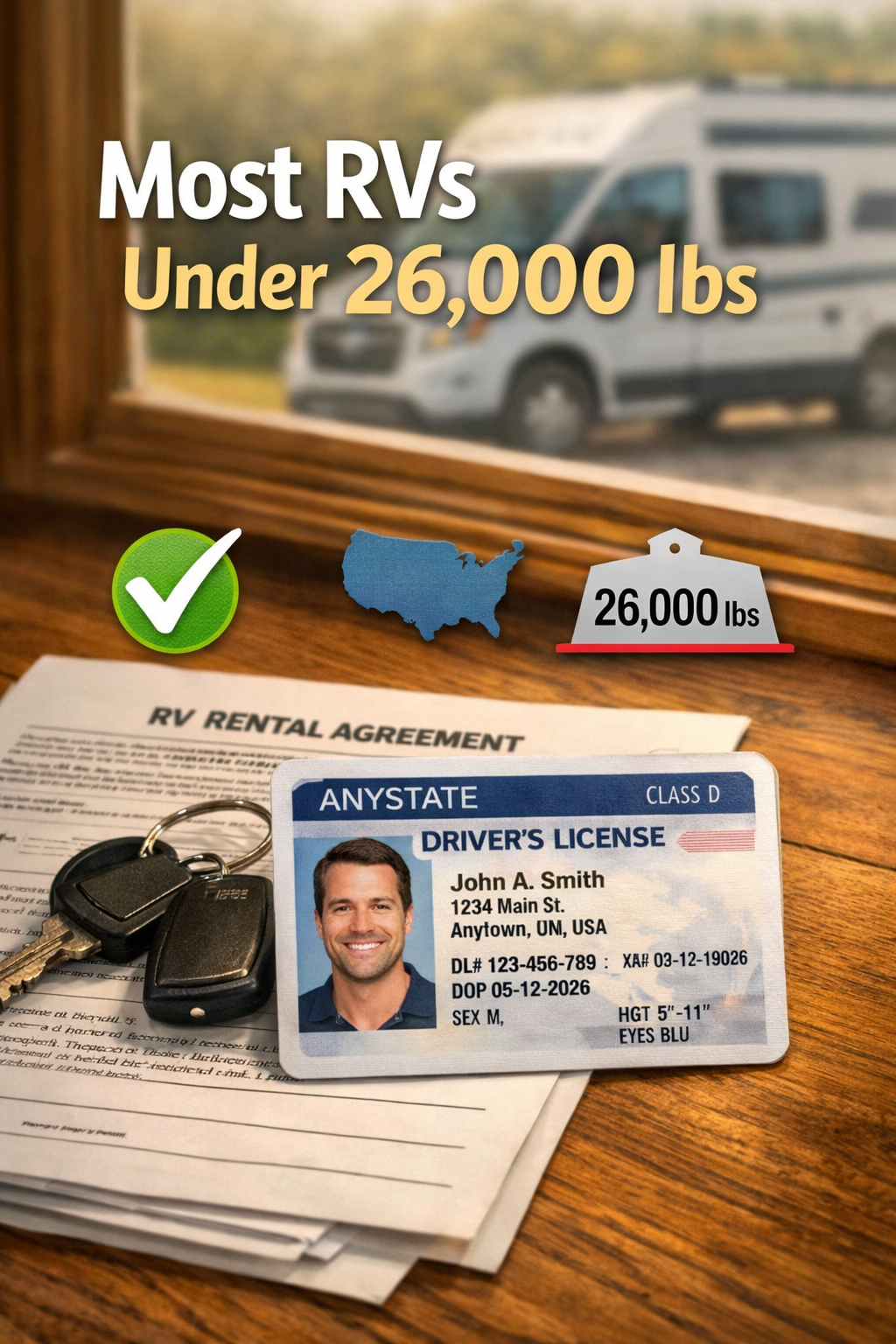 Portrait/Pinterest format (1024x1536) editorial image showing close-up of valid standard Class D driver's license next to RV rental keys and