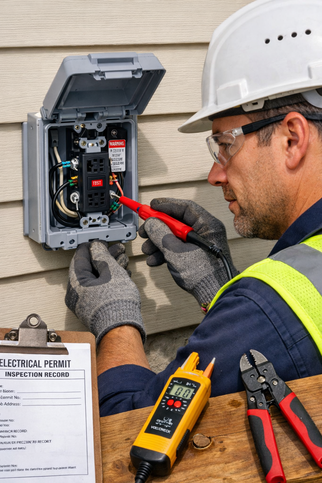 Portrait/Pinterest format (1024x1536) image showing professional electrician installing outdoor RV electrical outlet on house exterior wall,