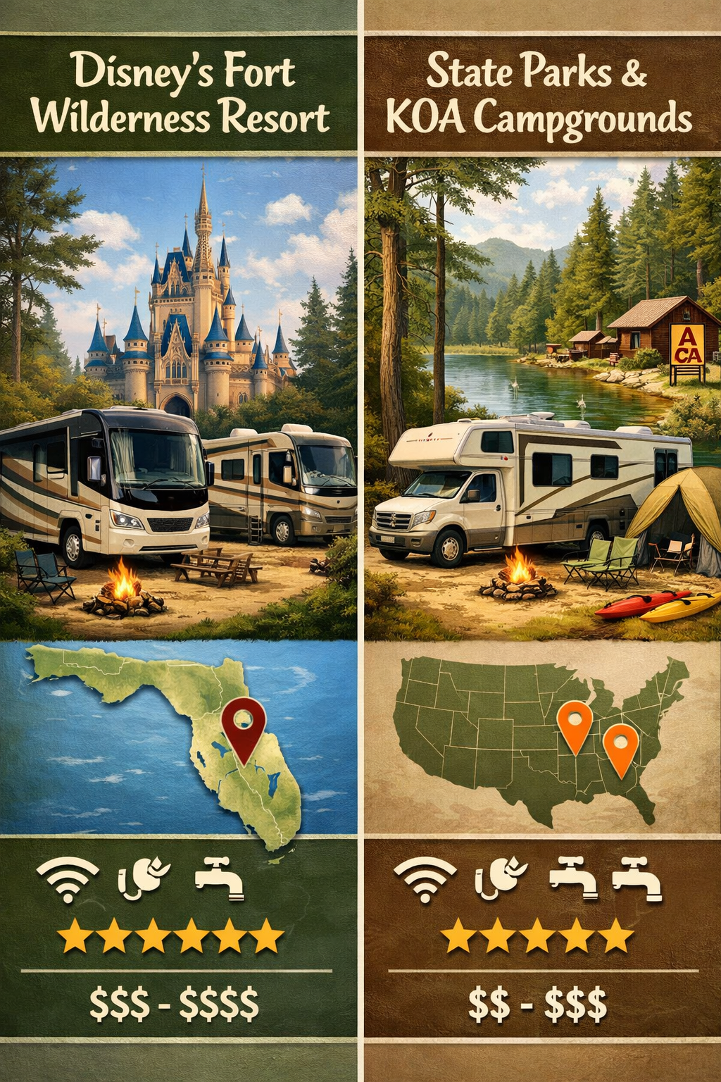 Portrait/Pinterest format (1024x1536) split-screen comparison image showing popular campgrounds offering RV rentals: left side features Disn