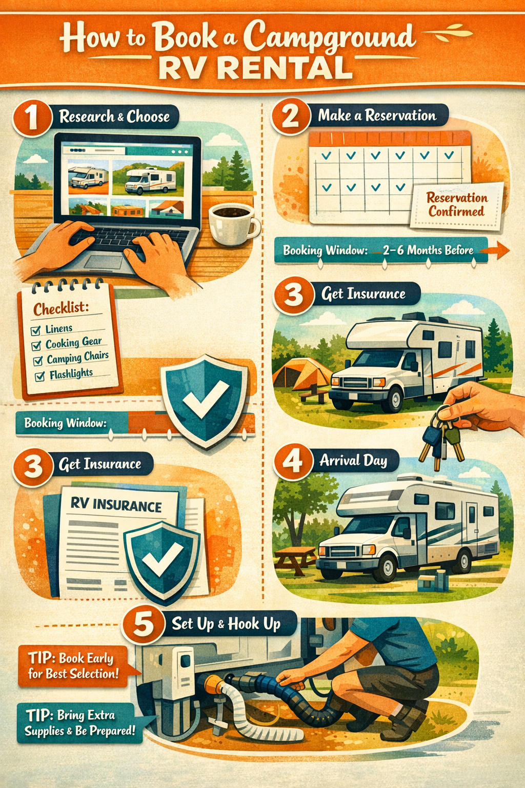 Portrait/Pinterest format (1024x1536) step-by-step visual guide for booking campground RV rentals: numbered circles 1-5 showing research pha