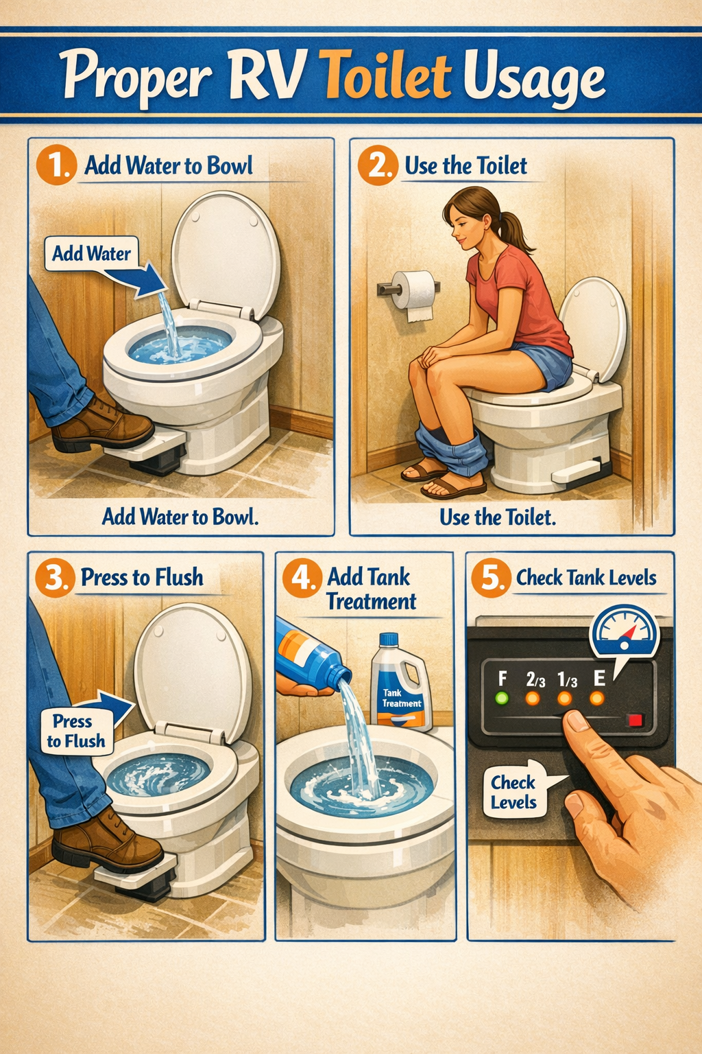 Portrait/Pinterest format (1024x1536) step-by-step visual guide showing proper RV toilet usage technique with numbered illustrations: 1) add