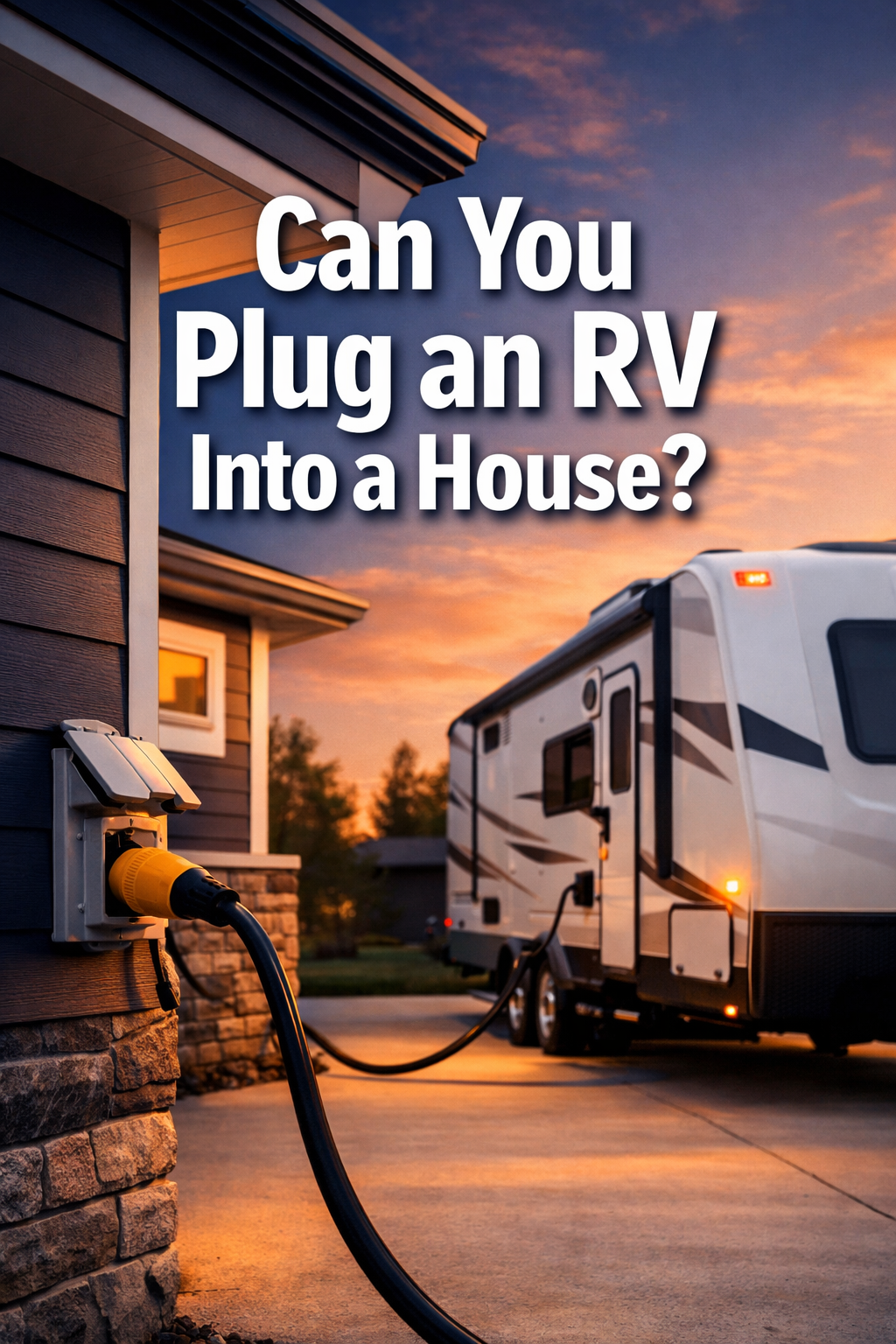 Professional portrait/Pinterest format (1024x1536) hero image featuring bold text overlay 'Can You Plug an RV Into a House?' in extra large 