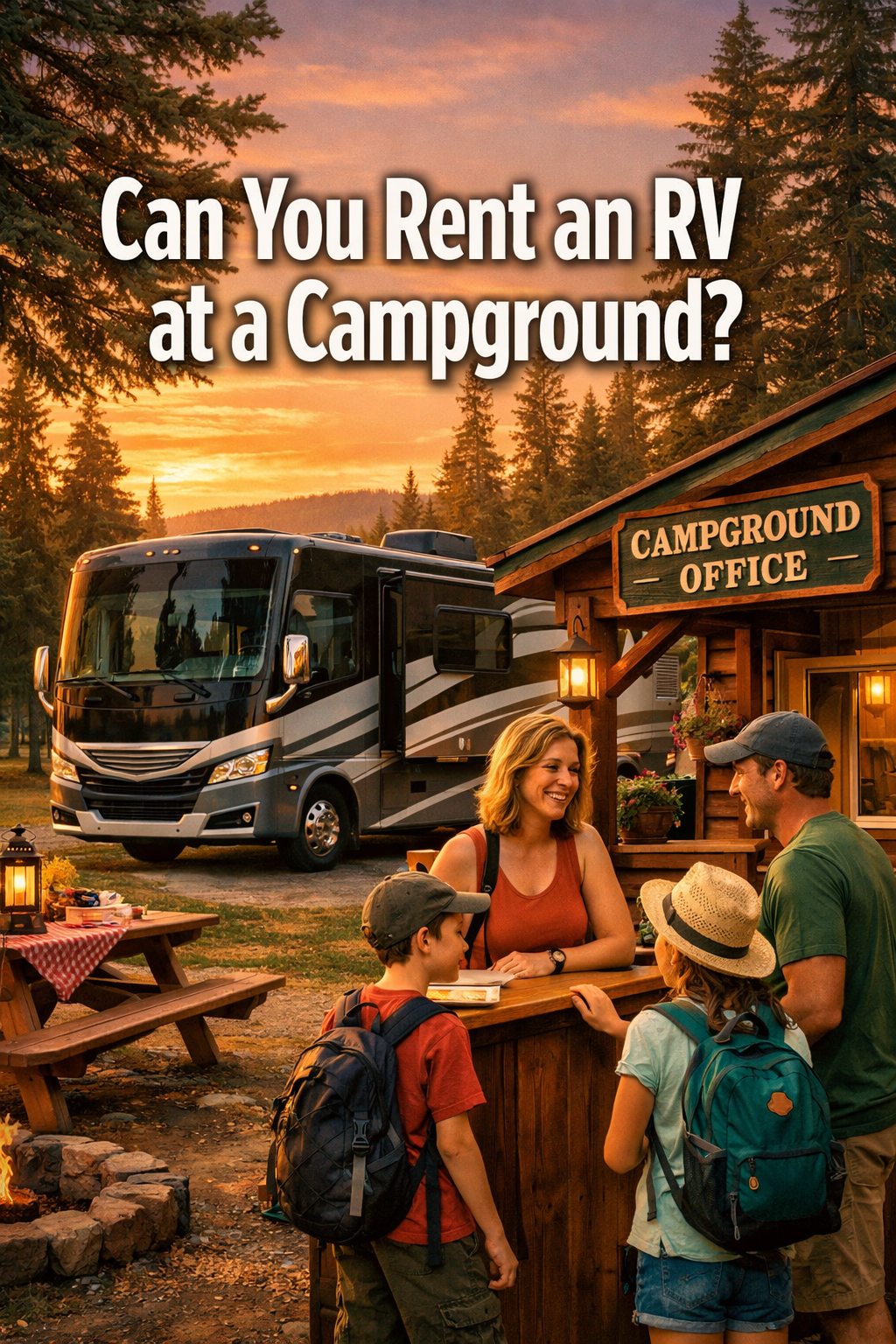 Professional portrait/Pinterest format (1024x1536) hero image featuring bold text overlay 'Can You Rent an RV at a Campground?' in extra lar
