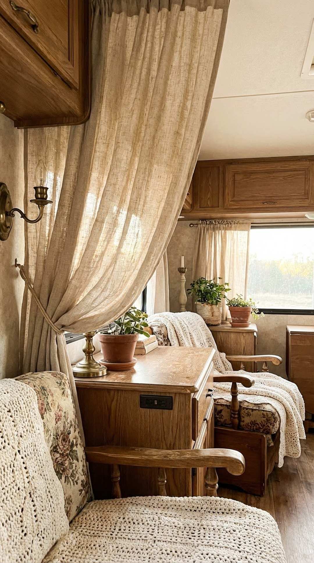 Natural linen curtains in French country RV interior