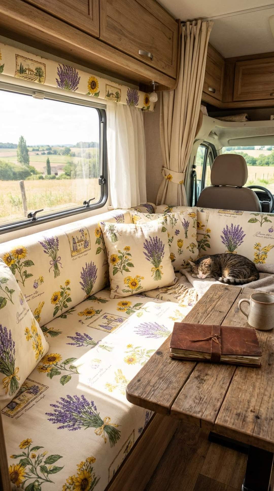 Provençal printed cotton fabric with lavender and sunflower patterns