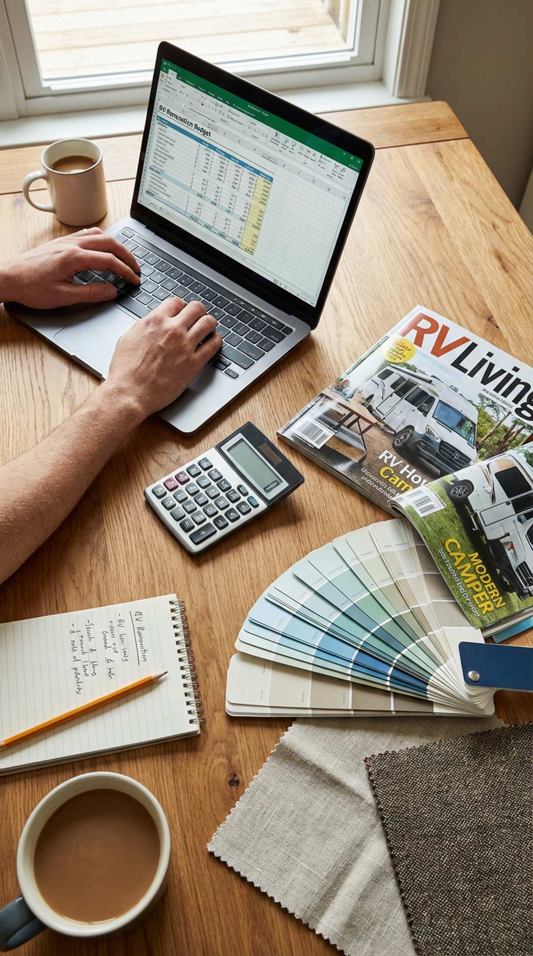RV remodel budgeting with calculator and material samples