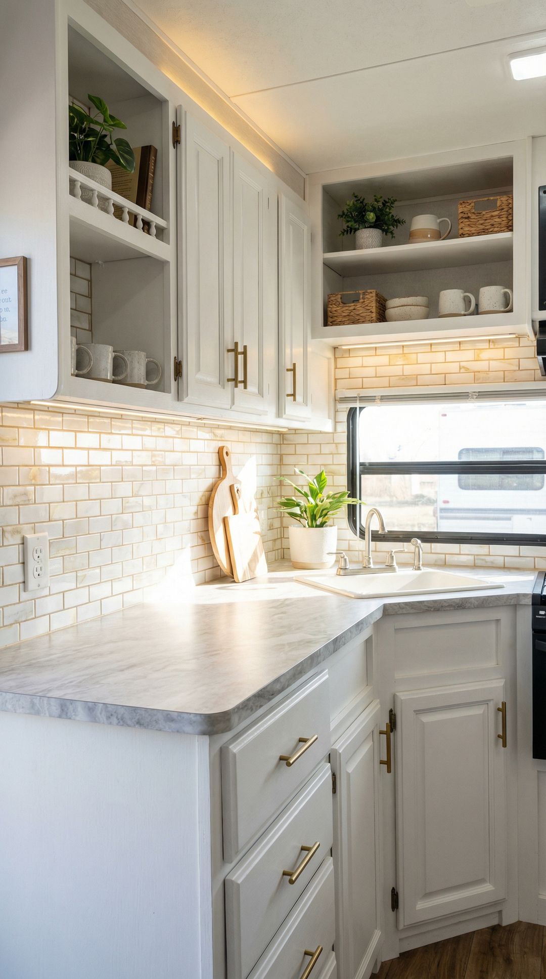 Modern RV kitchen with freshly painted white cabinets and gold hardware