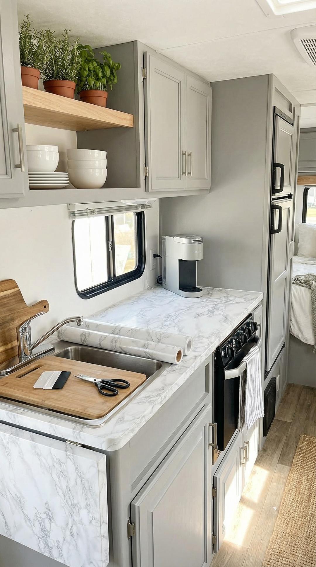RV kitchen featuring countertops covered in marble-look contact paper for a modern upgrade