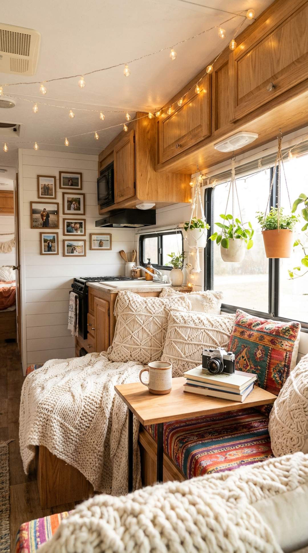 Beautifully decorated RV interior with plants and cozy textiles