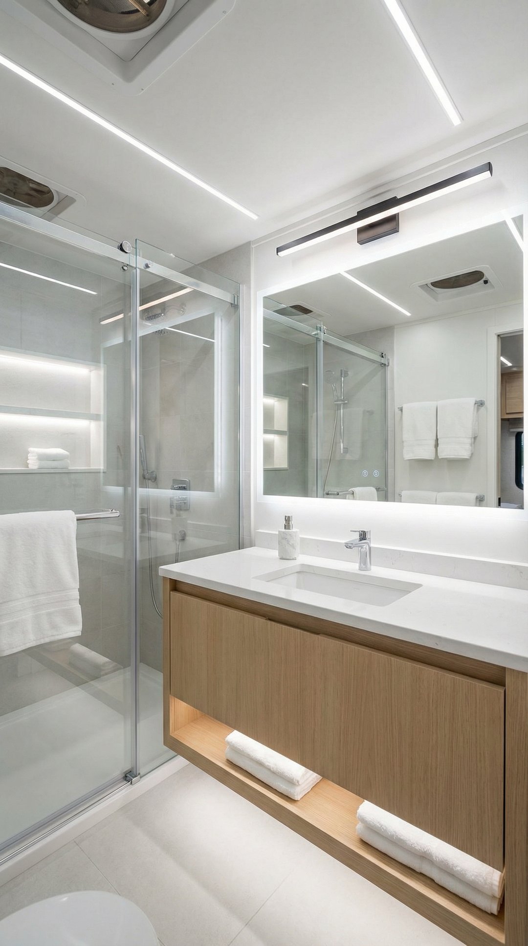 Modern RV bathroom with updated LED light fixtures and contemporary styling