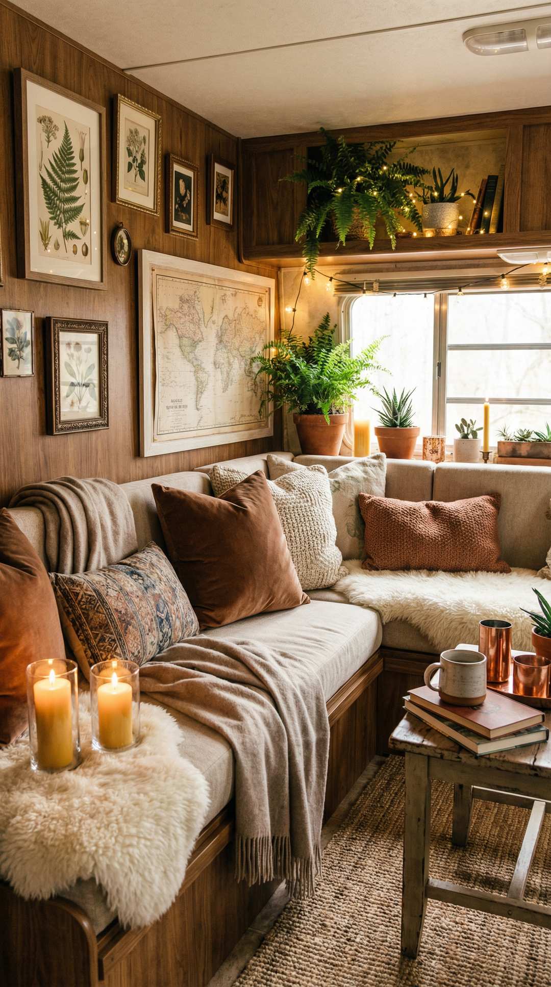 Cozy RV interior corner styled with decorative pillows, artwork, plants, and luxurious accessories