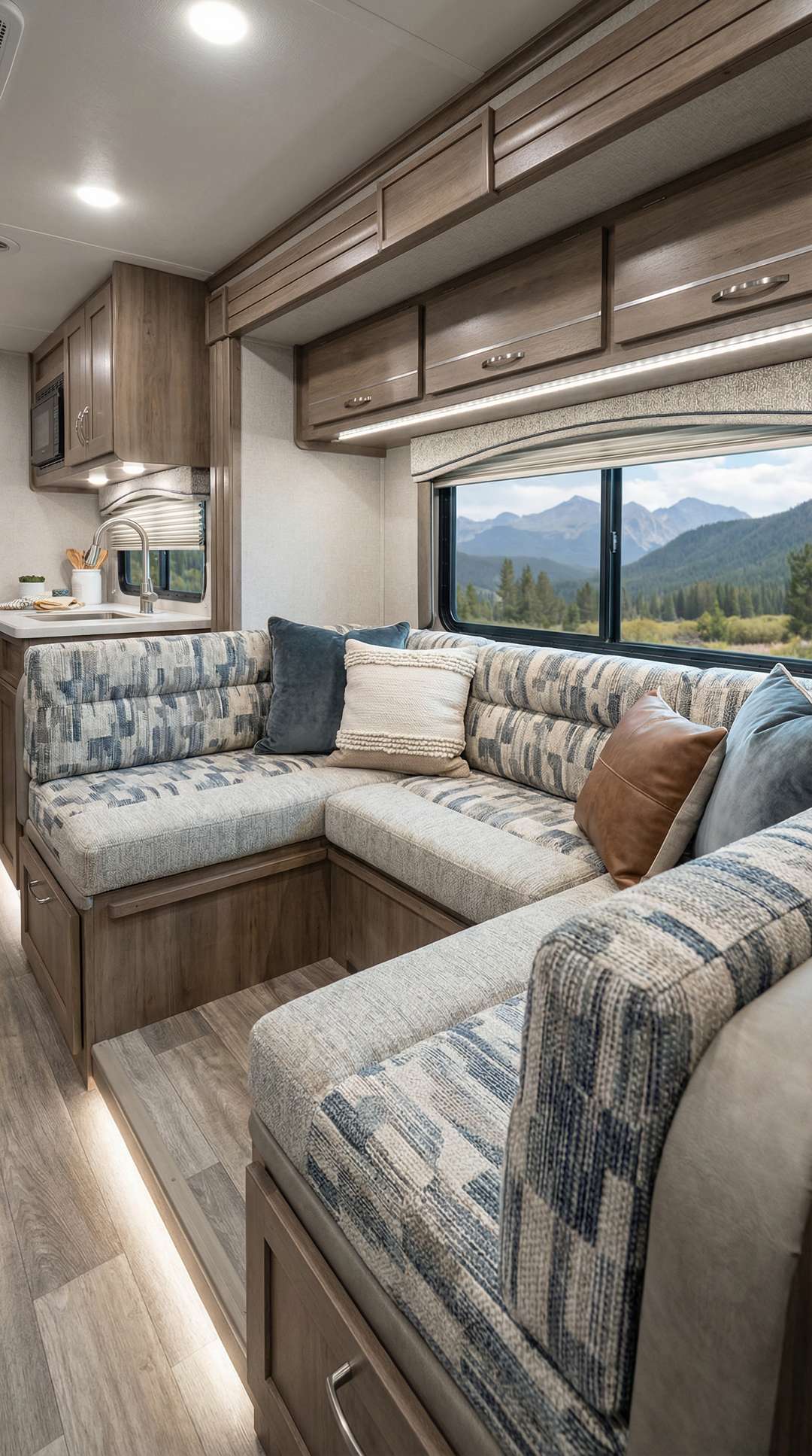 RV interior with reupholstered seating in contemporary fabric patterns and stylish throw pillows