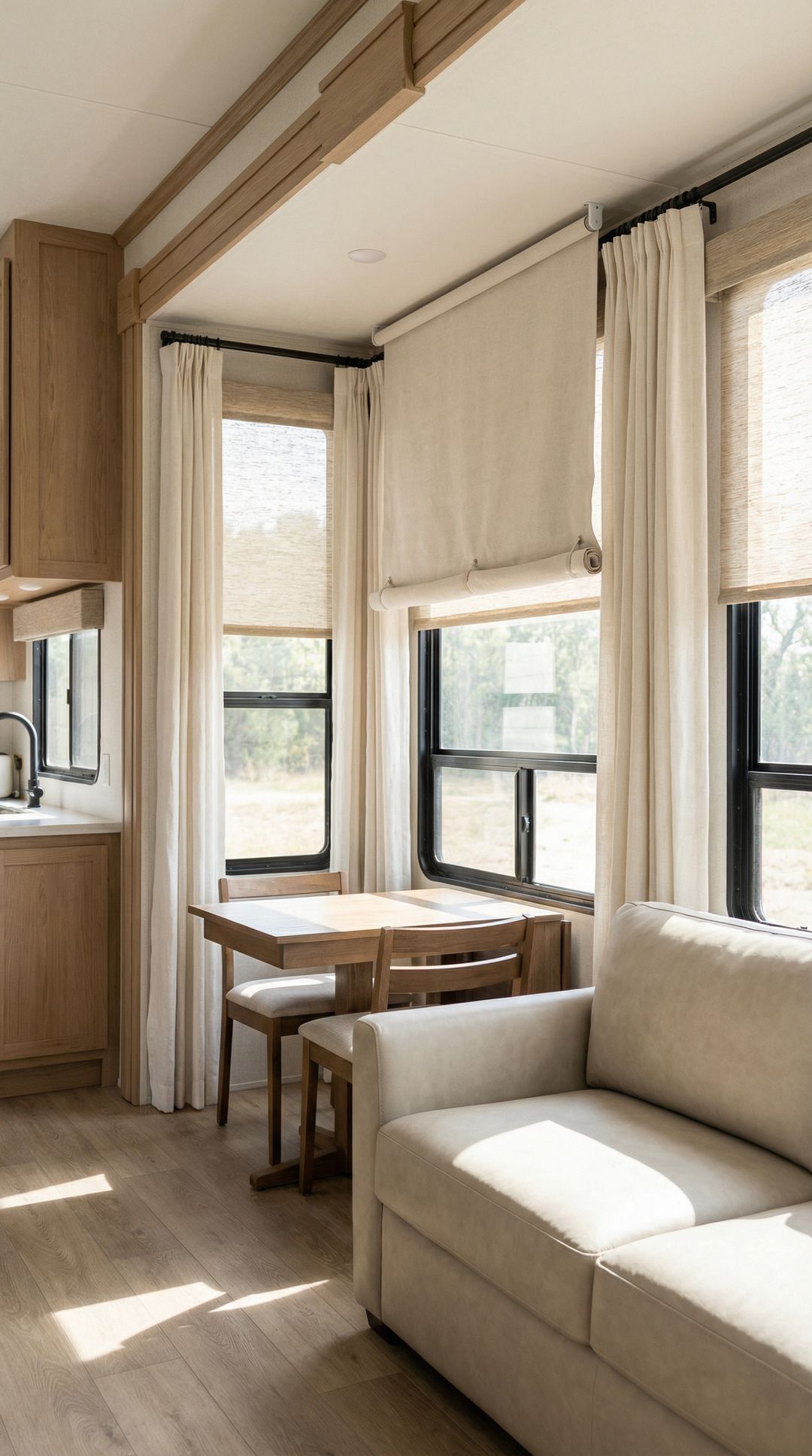 RV living space with modern window treatments and natural light filtering through elegant curtains